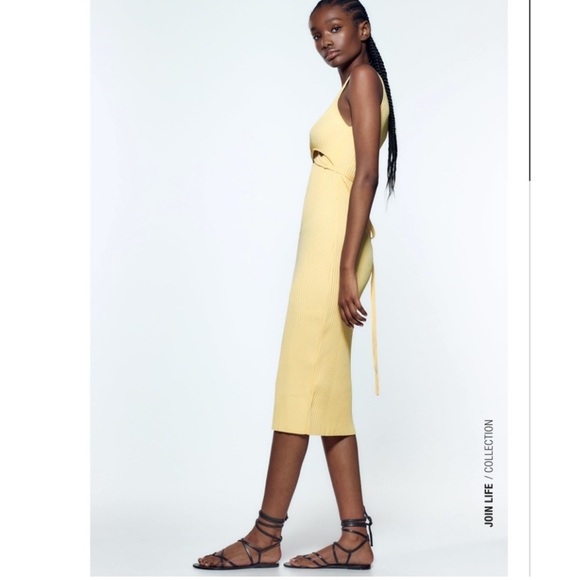 ZARA cut out ribbed midi dress pastel yellow butter yellow size medium summer - Picture 7 of 13